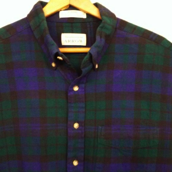 Vtg 80s Arrow Flannel Shirt -XL Button-Down Pocket LSL Winter Cabin Blue Green - Picture 3 of 8